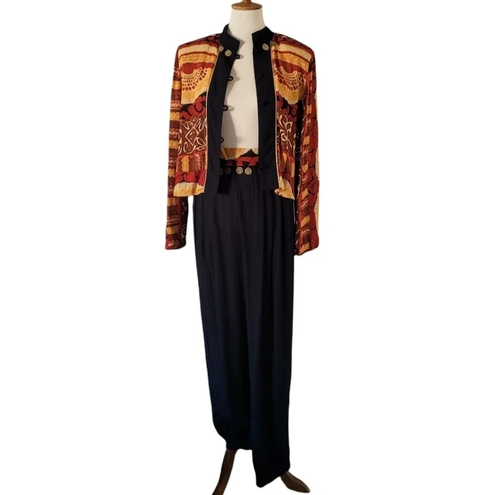 Vintage 80s Abstract Print Gauze Jacket and Wide Leg‎ Coin Detail Pant Set - Picture 2 of 9